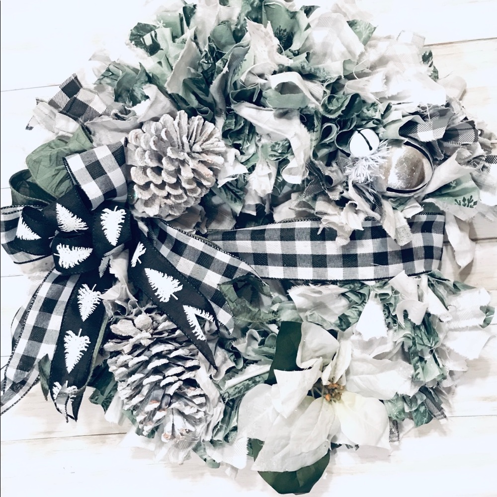 Evergreen and Buffalo Check rag wreath